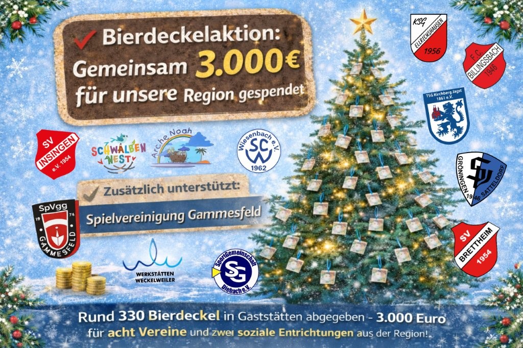Bierdeckelaktion 2025 mit 3.000 Euro Spende für Sportvereine und soziale Einrichtungen in der Region.